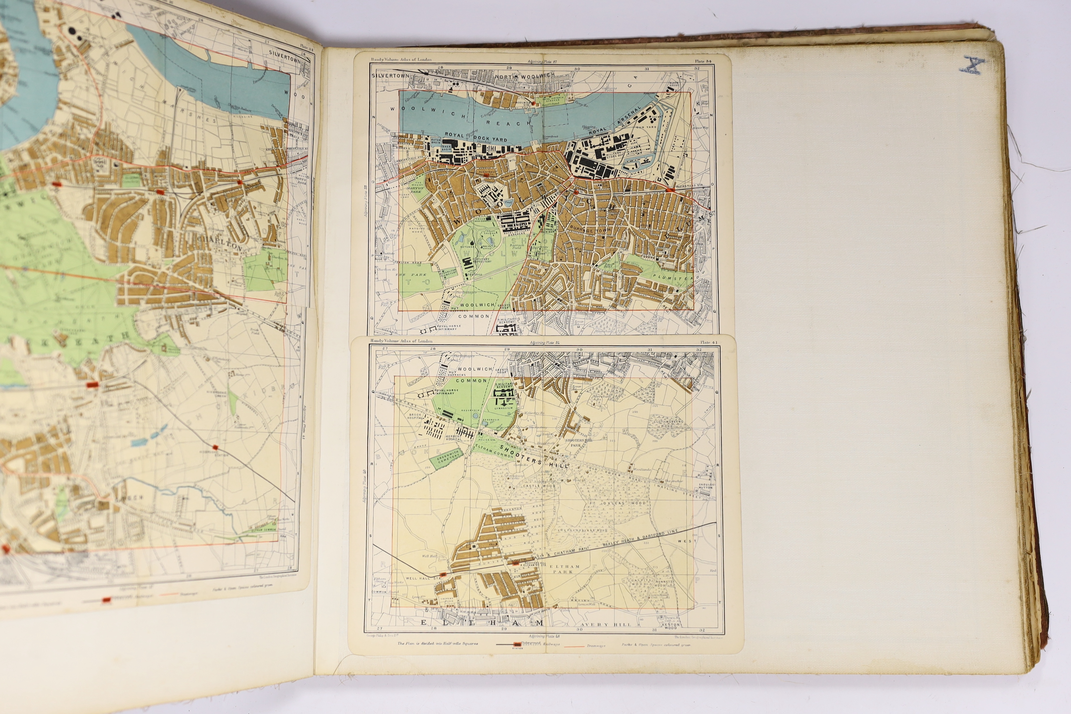 Ordnance Survey Atlas of England and Wales: quarter inch to the mile. engraved title and 24 d-page coloured maps (on linen), errata slip, (2)pp. index map and scales /key, (21)pp. index of places, and extra illustrated w